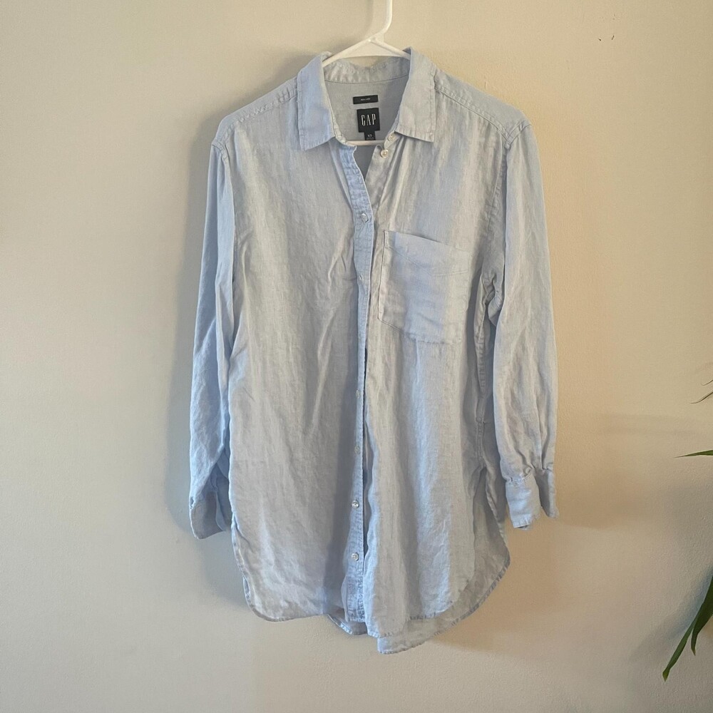 Gap Womens X-Small Linen Button Up Shirt Light Blue Long Sleeve Collared Casual